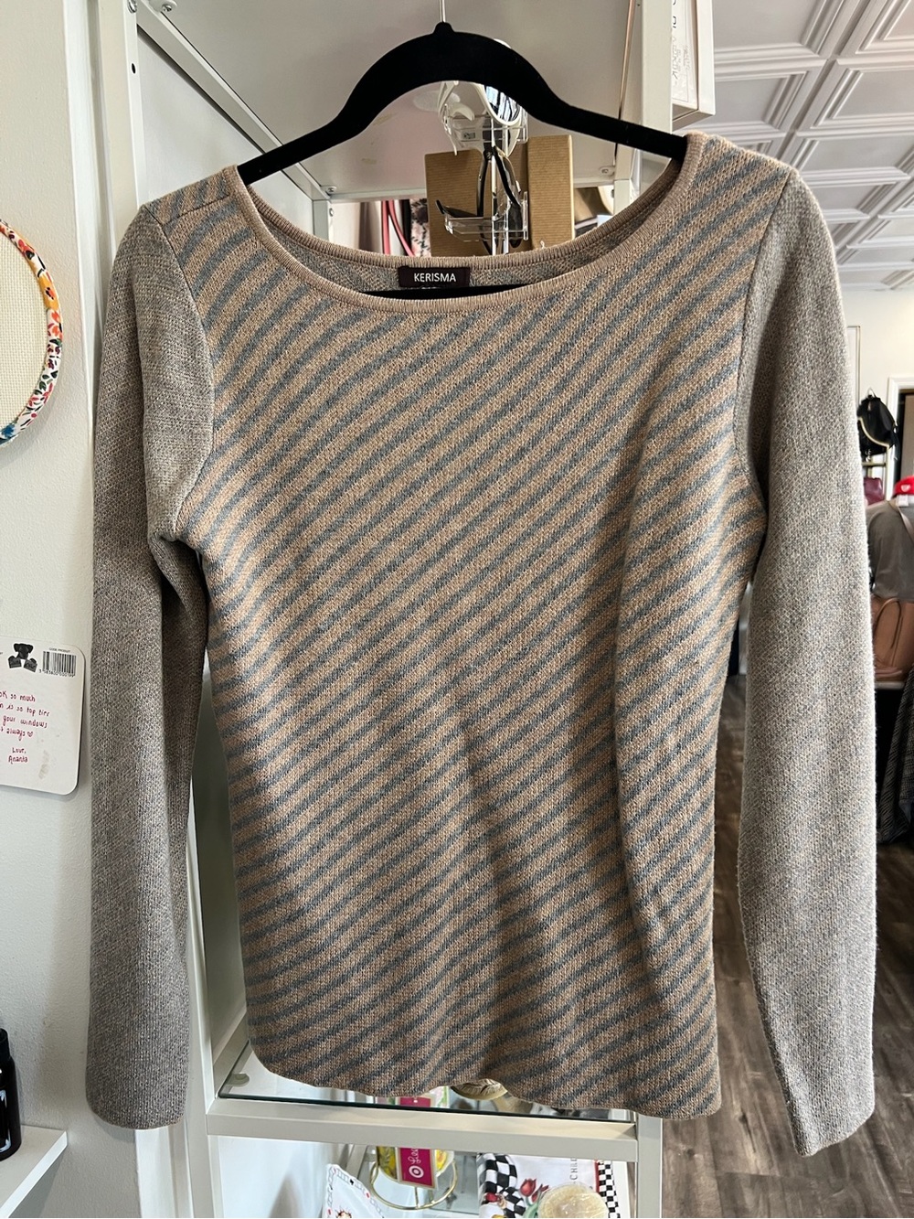 Kerisma Beige and Gray Diagonal Stripe Boatneck Sweater